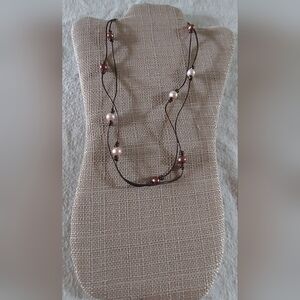 Handmade White & Brown Peacock Pearl And Dark Mettalic Brown Leather Necklace